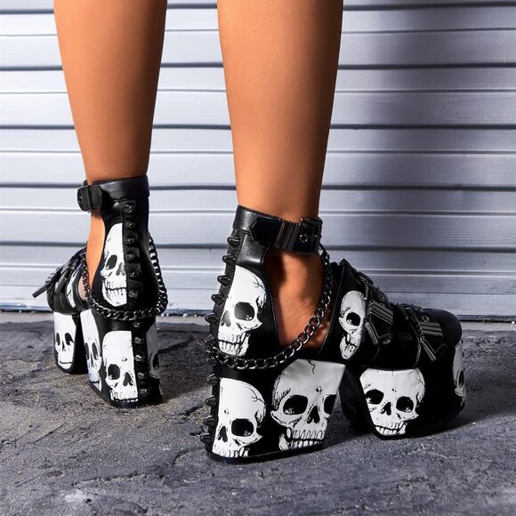 ⚡Women's Skull Design Silver Spiked Studs Chunky Platform Black Wedges Shoes - Picture 5 of 7